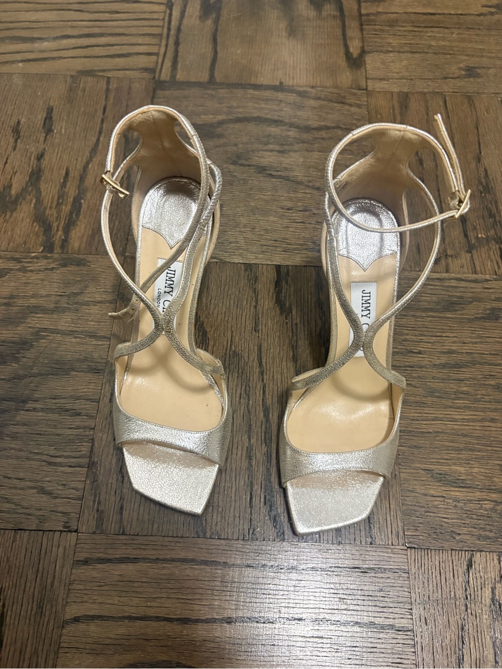 Jimmy Choo Azia Metallic Silver Cross-Strap High Heel Sandals (NWOB)